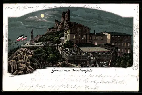 Lithographie Drachenfels, Burg Drachenfels im Mondschein