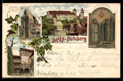 Lithographie Nürnberg, Wasserhof im Germanischen Museum, Eiserne Jungfrau, Burg