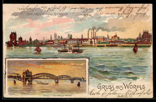 Lithographie Worms, Totalansicht von der Rheinseite, Eisenbahnbrücke