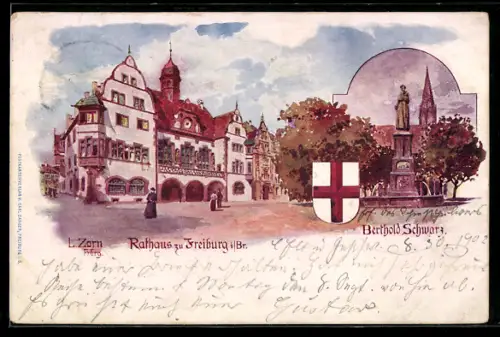 Künstler-AK Ludwig Zorn: Freiburg i. Br., Rathaus, Berthold Schwarz Denkmal