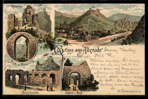 Lithographie Altenahr, Ruine Are, Burgkapelle, Rittergang, Blick n. Kreuzberg