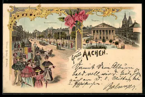 Lithographie Aachen, Elisenbrunnen mit Strassenbahn, Theater