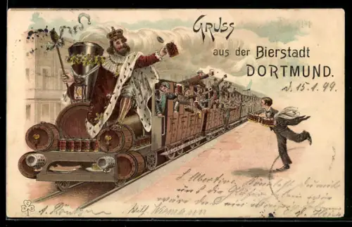 Lithographie Dortmund, Bierzug und König auf Lokomotive