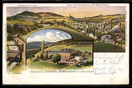 Lithographie Schneeberg /Oberschlema, Gasthaus Niederschlema
