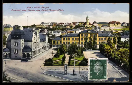 AK Aue i. sächs. Erzgeb., Postamt, Schule am Ernst Gessner-Platz
