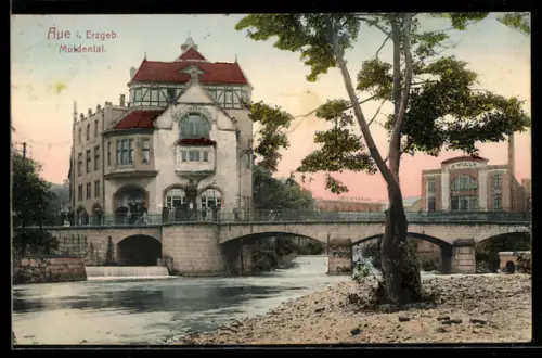 AK Aue i. Erzgeb., Muldental, Blick zur Brücke