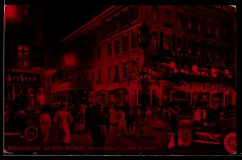 AK Berlin, Friedrichstrasse Ecke Unter den Linden, Victoria Café, Nachtansicht