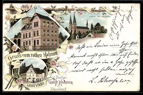 Lithographie Düsseldorf, Gasthaus zum rothen Hahn, Kirche von Arenberg, Inh. Gottfr. Hahnen