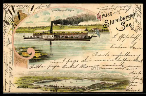 Lithographie Starnberg, Starnberger See, Salon-Dampfer Luitpold, Seepanorama