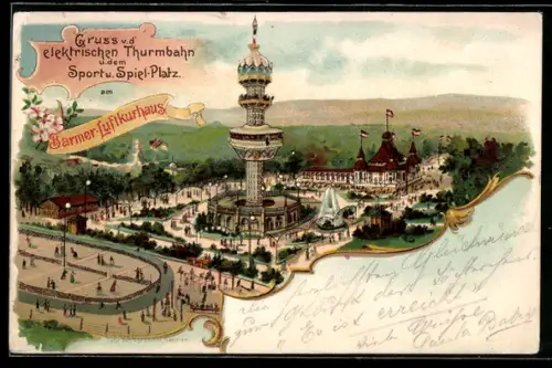 Lithographie Barmen, Elektrische Thurmbahn, Sport- u. Spiel-Platz, Barmer Luftkurhaus