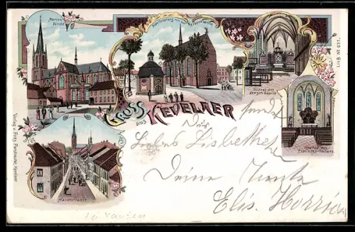 Lithographie Kevelaer, Marienkirche, Hauptstrasse, Kerzen-Kapelle