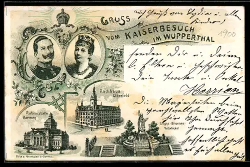 Lithographie Wuppertal, Kaiserbesuch 1900, Ruhmeshalle Barmen, Rathaus Elberfeld, Sieges-Brunnen Vohwinkel