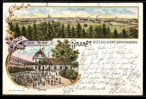 Lithographie Düsseldorf-Grafenberg, Blick auf Düsseldorf, Gasthaus Haardt