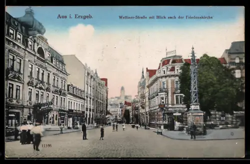 AK Aue i. Erzgeb., Wettiner-Strasse, Blick zur Friedenskirche