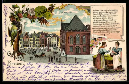 Lithographie Bremen, Marktplatz, Marktleben, Gedicht