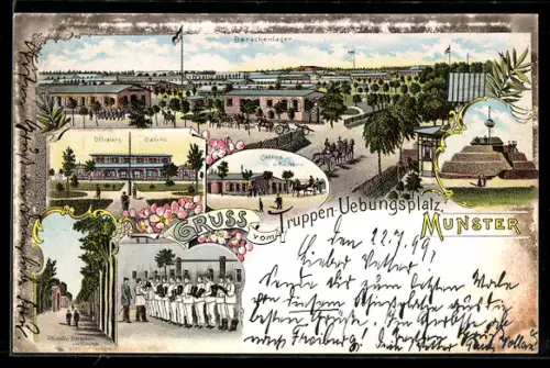 Lithographie Munster, Truppen-Übungsplatz, Barackenlager, Offiziers-Casino, Exerzieren