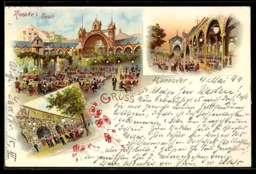 Lithographie Hannover, Roepke`s Tivoli, Gartenrestaurant, Konzertpavillon