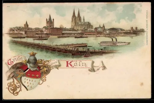 Lithographie Köln, Dom, Rheinpanorama, Schiffsanleger