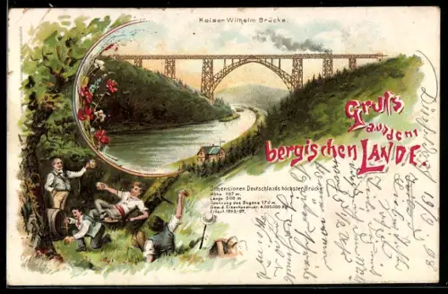 Lithographie Solingen, Kaiser Wilhelm Brücke, Flusslandschaft