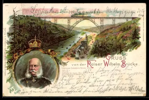 Lithographie Solingen, Kaiser Wilhelm Brücke, Porträt Kaiser Wilhelm I