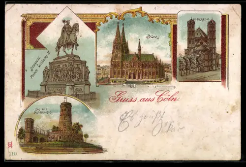 Lithographie Köln, Dom, Reiterdenkmal Friedrich Wilhelm I., St. Gereon, alte Bottmühle