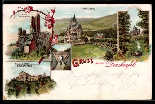 Lithographie Drachenfels, Drachenburg, Ruine Drachenfels, Restauration auf dem Drachenfels