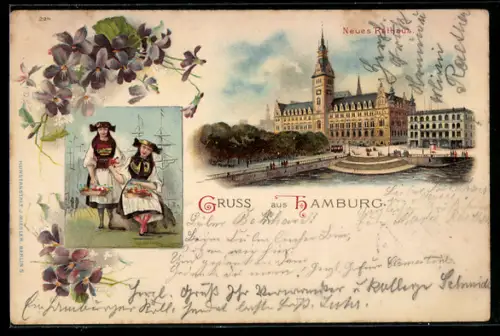 Lithographie Hamburg, Neues Rathaus, Trachtenmädchen, Schiffe