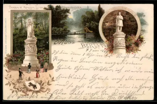 Lithographie Berlin-Tiergarten, Denkmal Königin Luise, Denkmal Friedrich Wilhelm III., Löwenbrücke