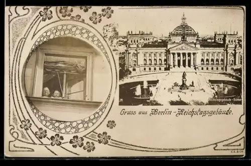 AK Berlin-Tiergarten, Reichstagsgebäude, Jugendstil-Passepartout mit Frau und Kind am Fenster