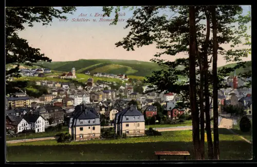 AK Aue i. Erzgeb., Blick über Schiller- und Bismarckstrasse