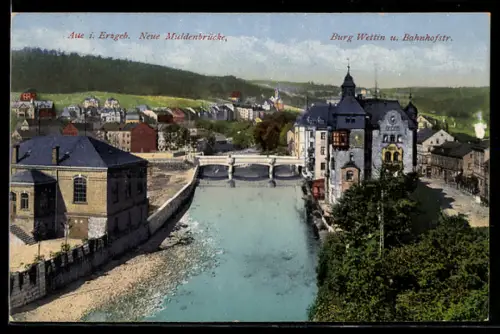 AK Aue i. Erzgeb., Neue Mühlenbrücke, Burg Wettin, Bahnhofstrasse