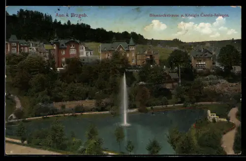 AK Aue i. Erzgeb., Bismarckstrasse, Königin Carola-Anlagen, Springbrunnen