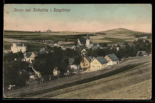 AK Zschorlau i. Erzgebirge, Ortsansicht mit Kirche und umliegender Landschaft