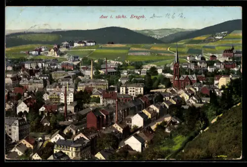 AK Aue i. sächs. Erzgeb., Ortsansicht mit Kirche