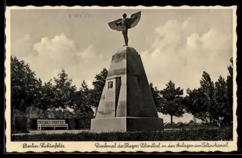 AK Berlin-Lichterfelde, Denkmal des Fliegers Lilienthal in den Anlagen am Teltowkanal