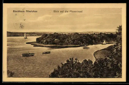 AK Berlin-Wannsee, Restaurant Blockhaus Nikolskoe, Blick auf die Pfaueninsel