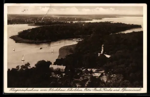 AK Berlin-Wannsee, Gasthof Blockhaus Nikolskoe, Inh. Rich. Schulte, Peter-Paul-Kirche, Pfaueninsel