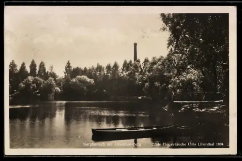 AK Berlin-Lichterfelde, Karpfenteich am Lilienthal-Berg, erste Flugversuche Lilienthals 1894, Restaurant Steinstr. 63