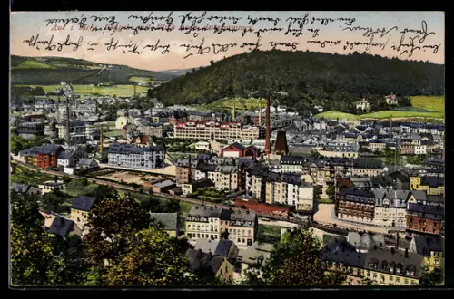 AK Aue i. Sächs. Erzgebirge, Blick nach Auerhammer, Gesamtansicht der Stadt mit Fabriken und Wohnhäusern