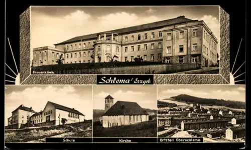 AK Schlema /Erzgeb., Frauenklinik, Schule, Kirche, Ortsteil Oberschlema