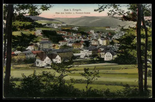 AK Aue i. Erzgeb., Blick über Schiller- und Bismarck-Strasse