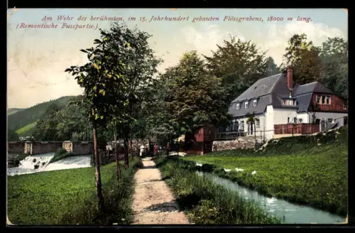 AK Aue / Erzgebirge, Wehr, Flössgraben, romantische Flusspartie