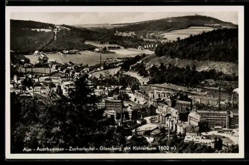 AK Aue, Gleesberg mit Köhlerturm, Auerhammer, Zschorlautal