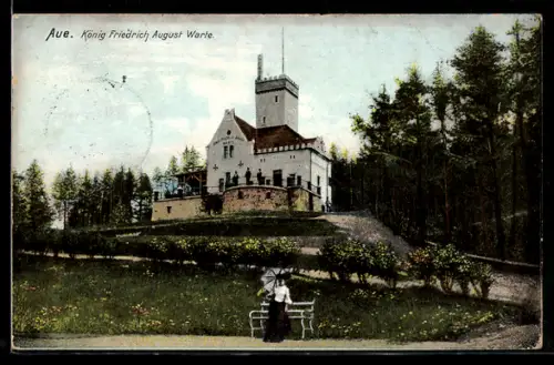 AK Aue, König Friedrich August Warte mit Passantin
