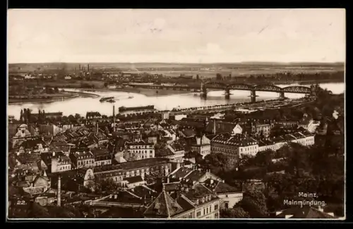AK Mainz, Blick auf die Mainmündung und Brücke