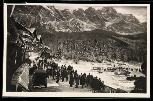AK Eibsee, Hotel mit Strassenpartie im Winter