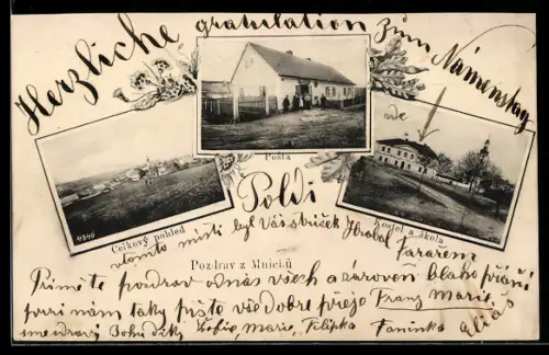 AK Mnich /Okres Pelhrimov, Celkový pohled, Posta, Kostel a skola