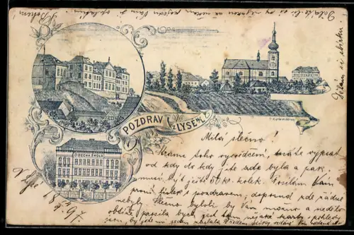 Lithographie Lissa / Lysa, Obecna Skola, Kostel