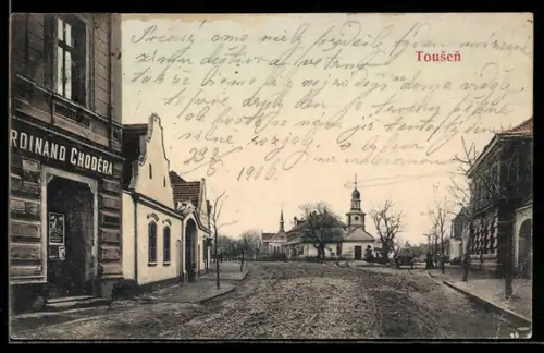 AK Tousen, Námestí, Ferdinand Chodera, Kostel