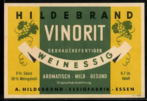 Getränkeetikett A. Hildebrand, Essigfabrik Essen, Hildebrand Vinorit Weinessig